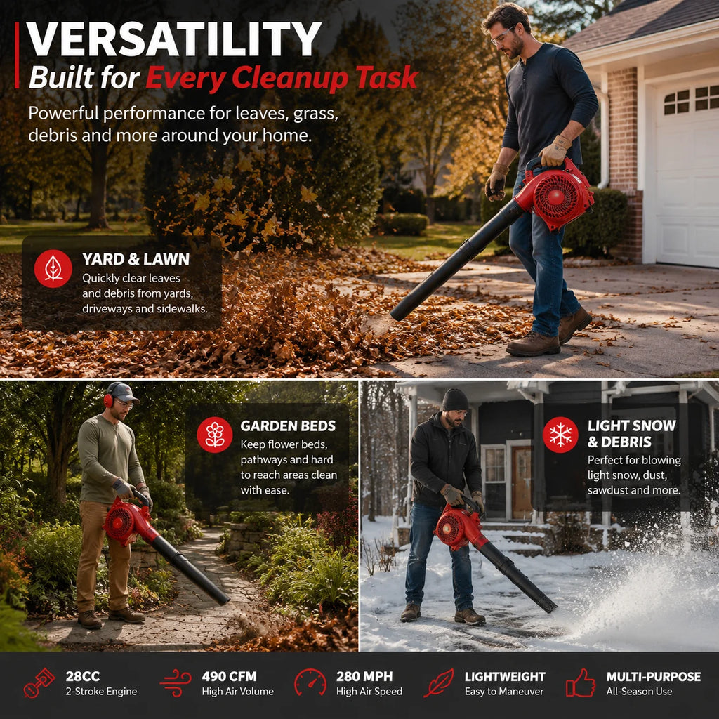 28CC Gas Leaf Blower Handheld 2 Stroke Engine 490CFM 280MPH High Airflow Lightweight Lawn Blower for Yard Garden Driveway Patio Debris Cleaning