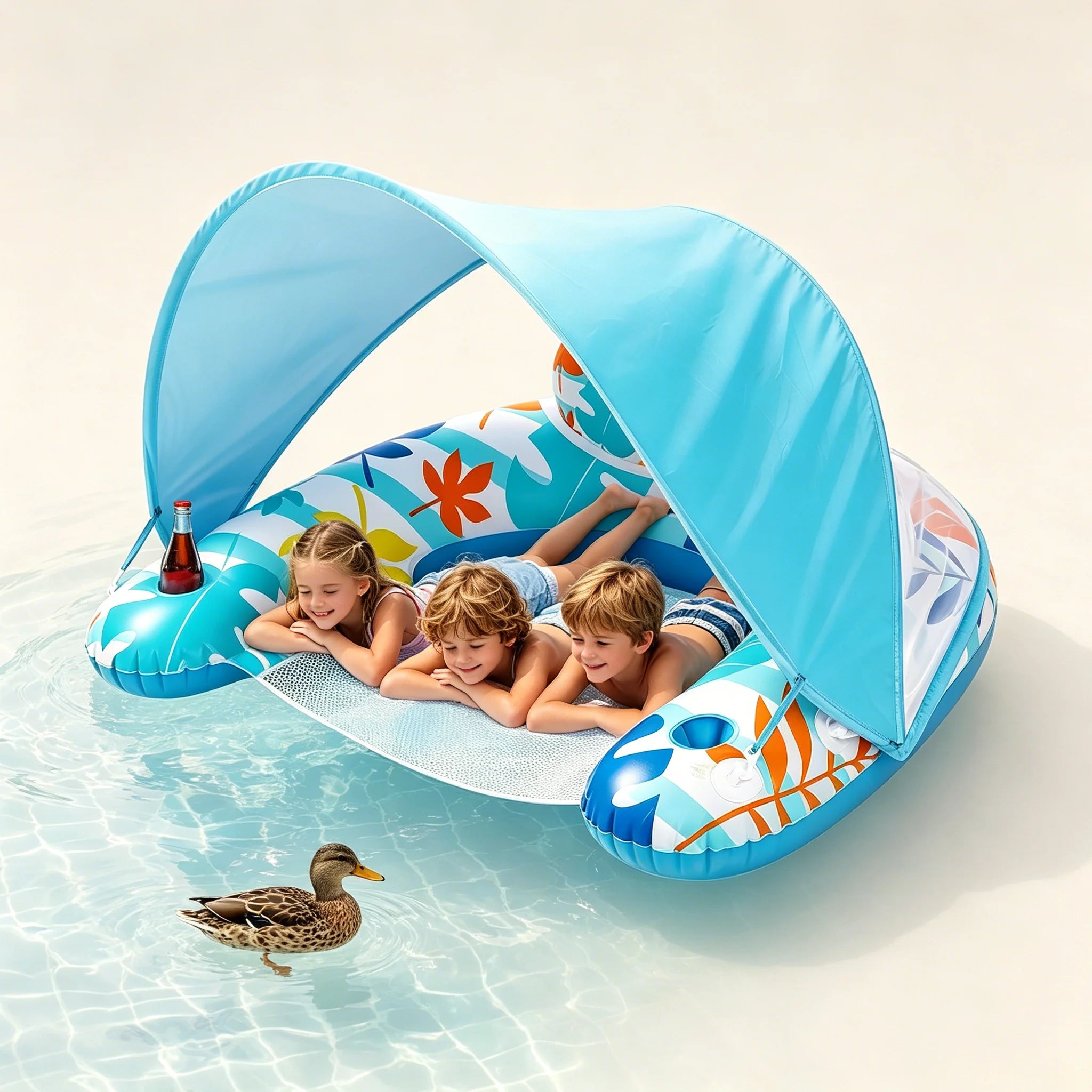 Pool Float with Adjustable Canopy, Adult Inflatable Lounge Chair Float, Leisure Water Toy with Sun Shade, Cup Holder and Phone Holder for Pool, Beach & Lakeside Relaxation