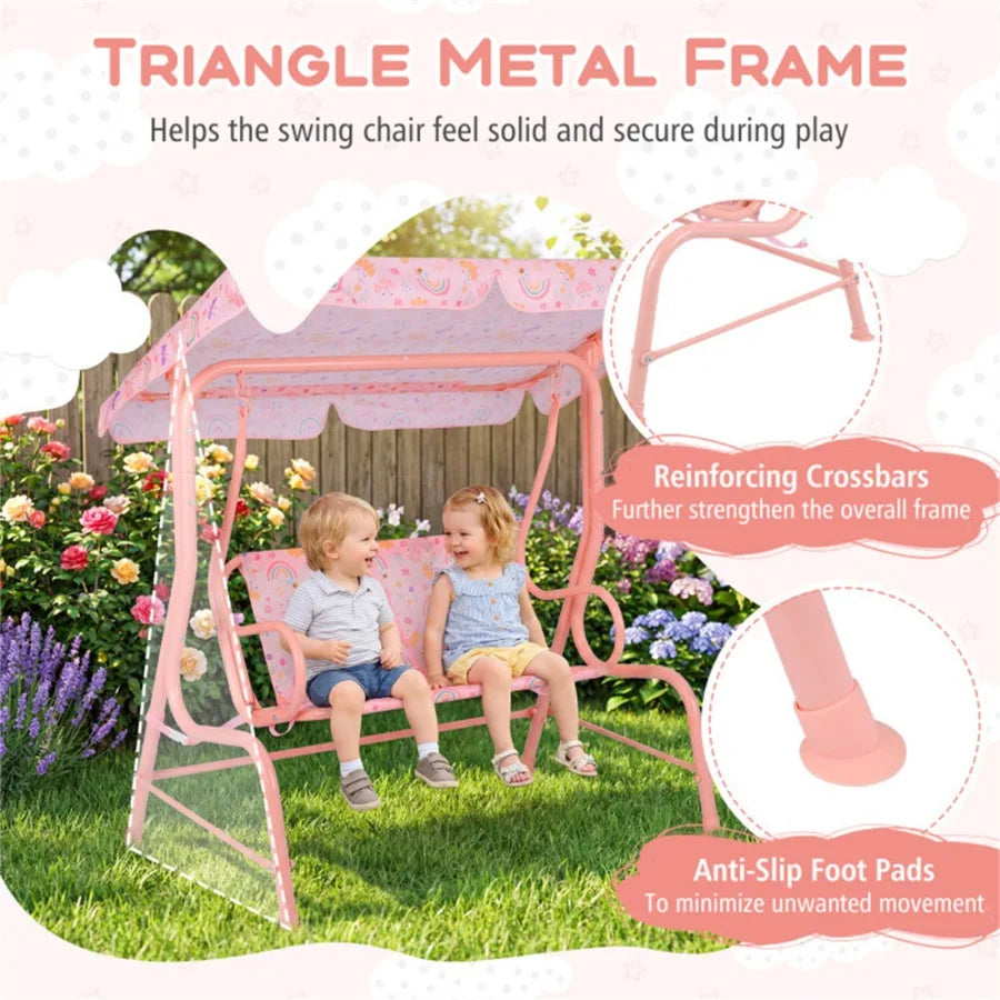 2-Seater Patio Swing with Adjustable Canopy and Safety Belts, Outdoor Toddler Swing Bench - PINK
