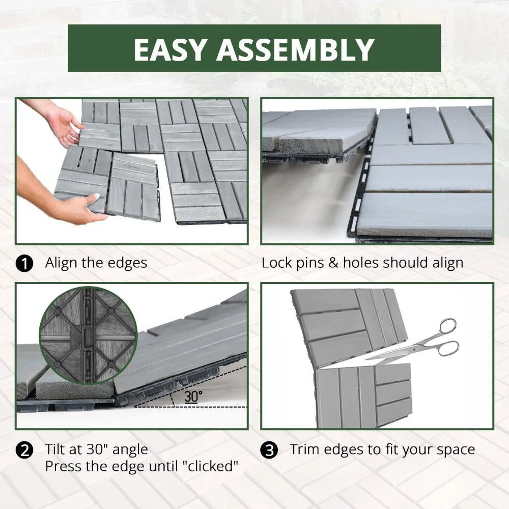 Acacia Wood Deck Tiles, Interlocking Outdoor Indoor Flooring Mats. (12x12 Pack 30, Light Gray)