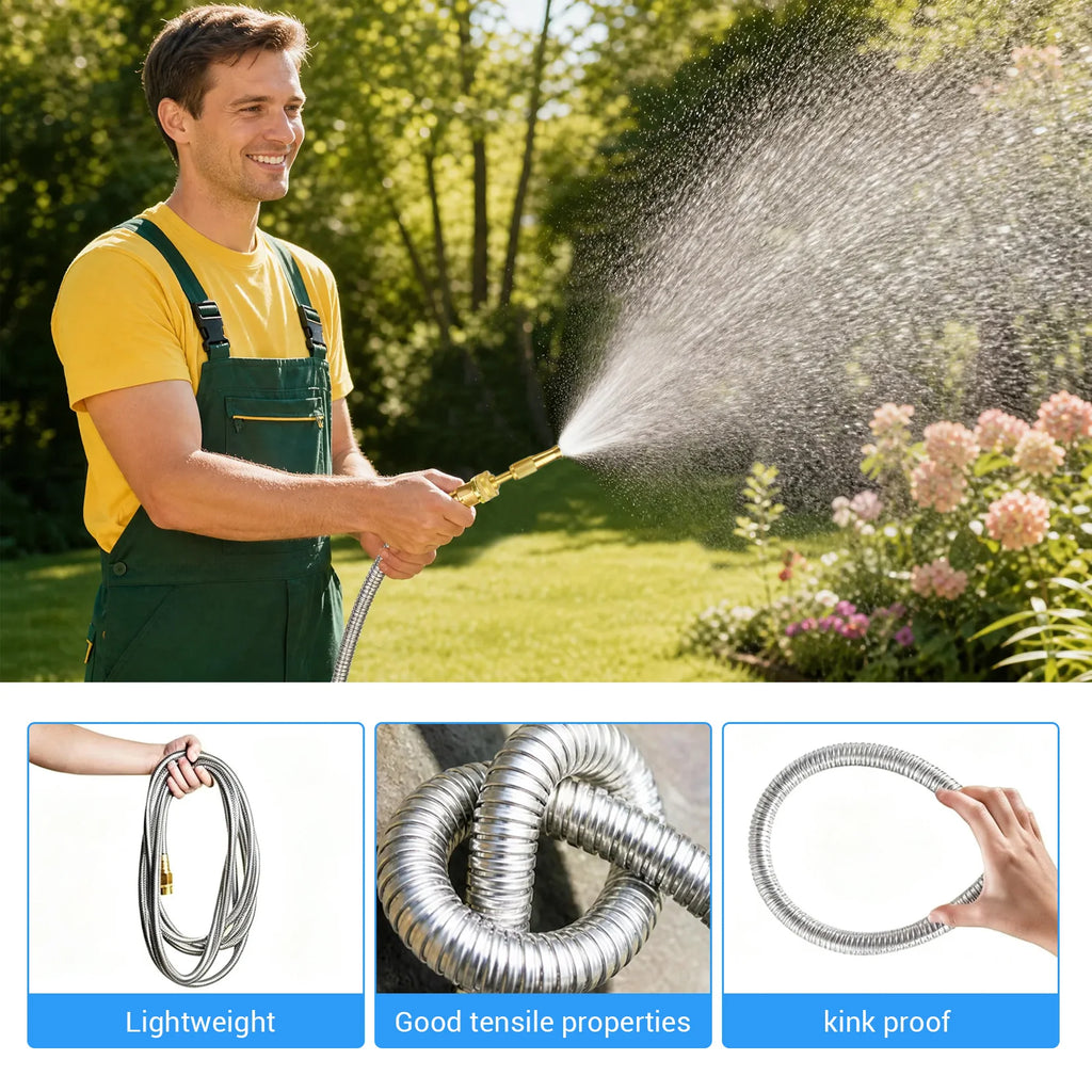 HiMiss Heavy Duty Stainless Steel Garden Hose – Flexible Metal Water Hose – Kink Proof & Anti-Kink – Adjustable Brass Nozzle, Perfect for Lawn, Car Wash, Outdoor Irrigation, 25FT,50FT,100FT