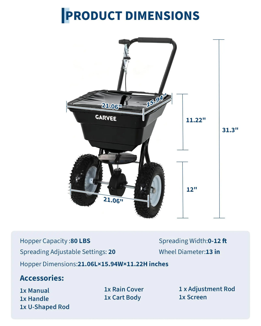 Garvee Heavy Duty 80LB Lawn Spreader, Walk Behind Broadcast Spreader With 12FT Coverage, 13in Wheels For Seed Fertilizer Salt