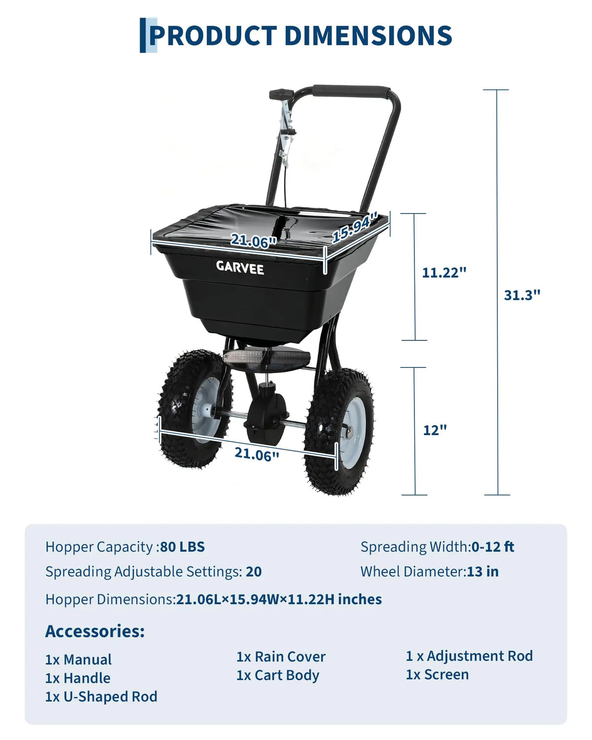Garvee Heavy Duty 80LB Lawn Spreader, Walk Behind Broadcast Spreader With 12FT Coverage, 13in Wheels For Seed Fertilizer Salt