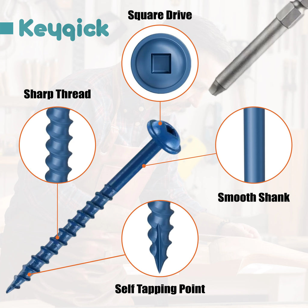 Keyqick 225pcs Square Hole Screw Combination, 5 Sizes, #8 Pocket Screw, Blue Anti Rust Coated Pocket Hole Screw, Used for External, Square Drive, Including Drive Head, Multifunctional Durable Wood Screws, Suitable for Home/In