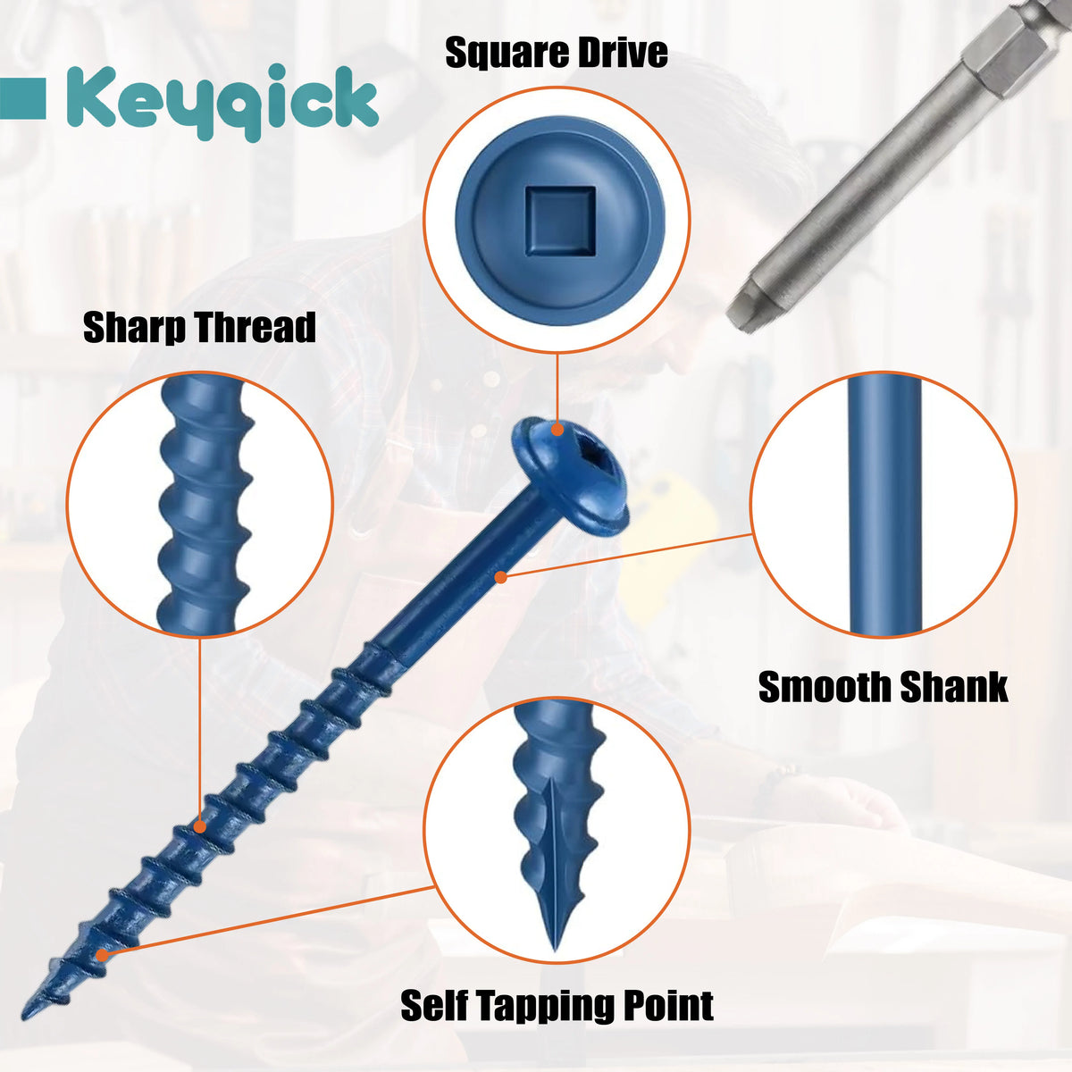 Keyqick 225pcs Square Hole Screw Combination, 5 Sizes, #8 Pocket Screw, Blue Anti Rust Coated Pocket Hole Screw, Used for External, Square Drive, Including Drive Head, Multifunctional Durable Wood Screws, Suitable for Home/In