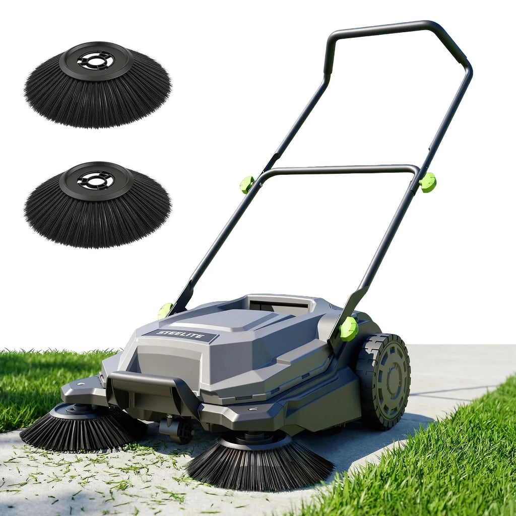 Deli AZDG934 Walk Behind Hand Push Floor Sweeper 26.8 Inch Manual Sweeper with 6.35 Gallon Waste Catcher, Folding Handle for Patio Walkway Yard
