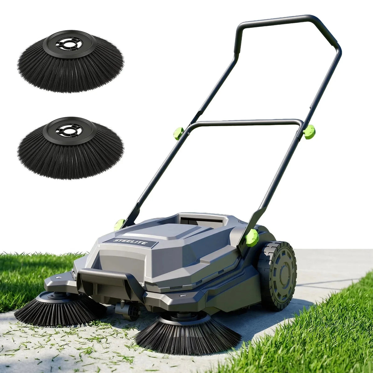 Deli AZDG934 Walk Behind Hand Push Floor Sweeper 26.8 Inch Manual Sweeper with 6.35 Gallon Waste Catcher, Folding Handle for Patio Walkway Yard