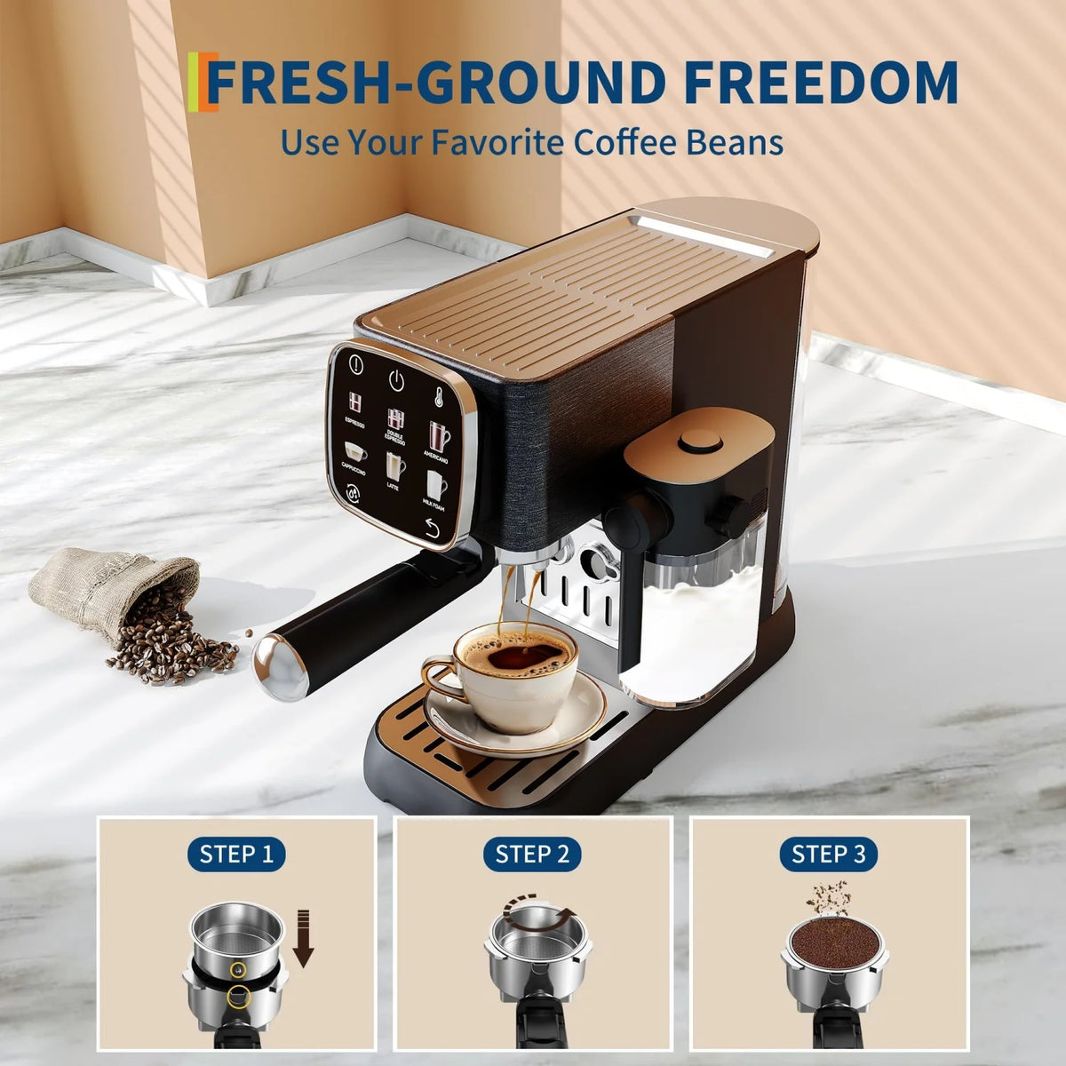 Acekool Espresso Machine 20 Bar, Compact Espresso Maker with Steam Milk Frother, Touchscreen Stainless Steel Coffee Machine with 45oz Removable Water Tank, Adjustable Temperature