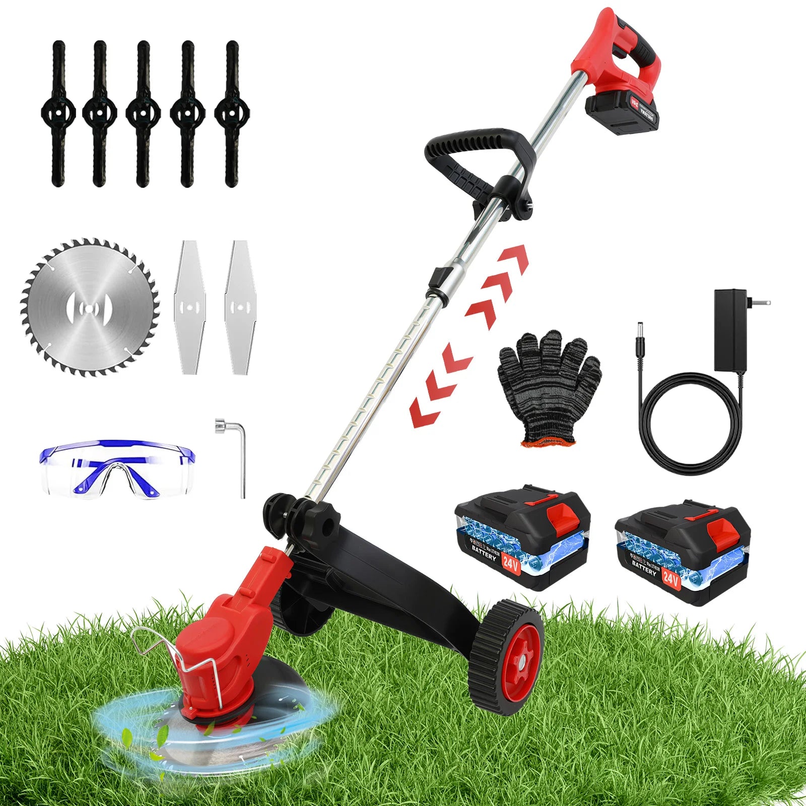 Electric Cordless Grass Trimmer Lawn Mower Weed Edger Brushles Cutter 24V 2x5C 1.5Ah Lithium Battery Charger for Yard Garden