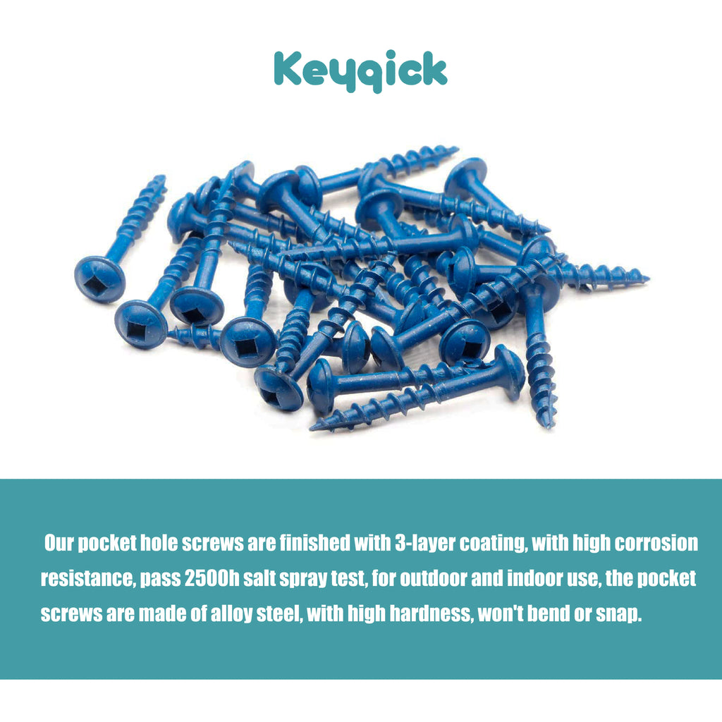 Keyqick 225pcs Square Hole Screw Combination, 5 Sizes, #8 Pocket Screw, Blue Anti Rust Coated Pocket Hole Screw, Used for External, Square Drive, Including Drive Head, Multifunctional Durable Wood Screws, Suitable for Home/In