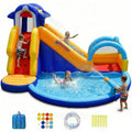 OlaKids Outdoor inflatable water slide for backyard use PVC material blue and gray 14FT x 10FT x 8.5FT shark theme with splash pool, stairs & water cannon