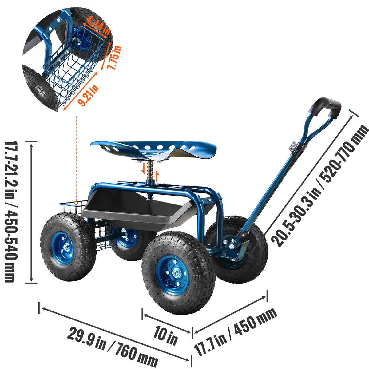 SucceBuy Garden Cart Rolling Work seat with Wheels Gardening Stool for Planting 360Degree Swivel Seat Wagon Scooter with Steering Wheel