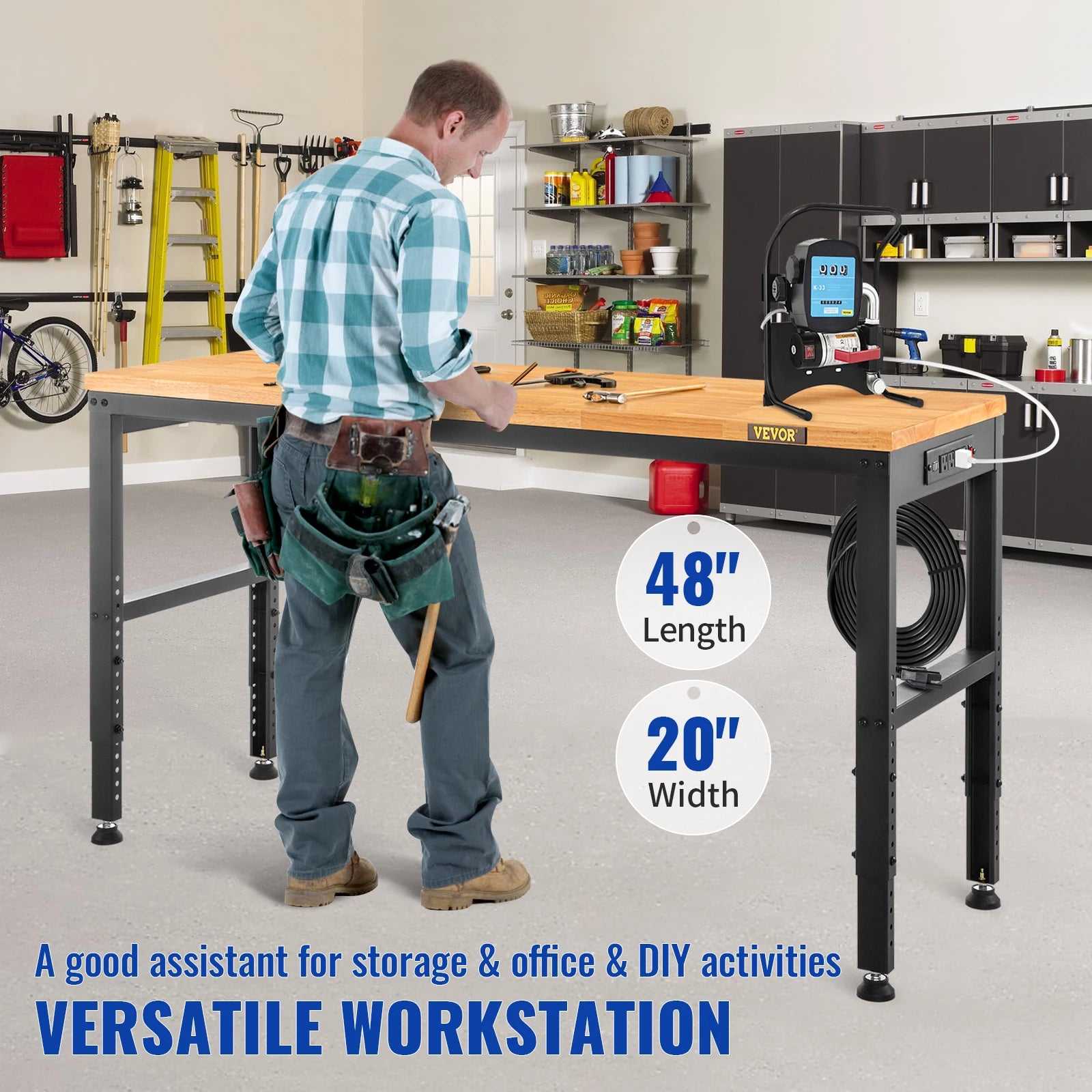 SucceBuy 72cm Woodworking Workbench, Adjustable Height Oak Wood Hardwood Top Worktable, 900KG Capacity for Office Home Workshop