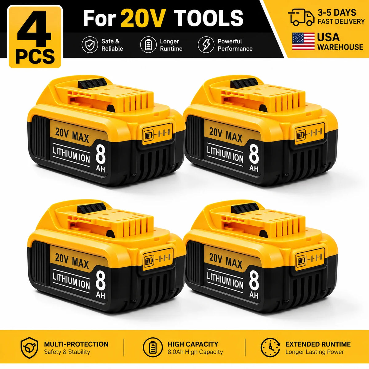 20V Max Battery 8Ah 4 Pack Compatible with DeWalt DCB200 DCB204 DCB206, Li-ion Replacement Battery Pack for Power Tools Drill Saw