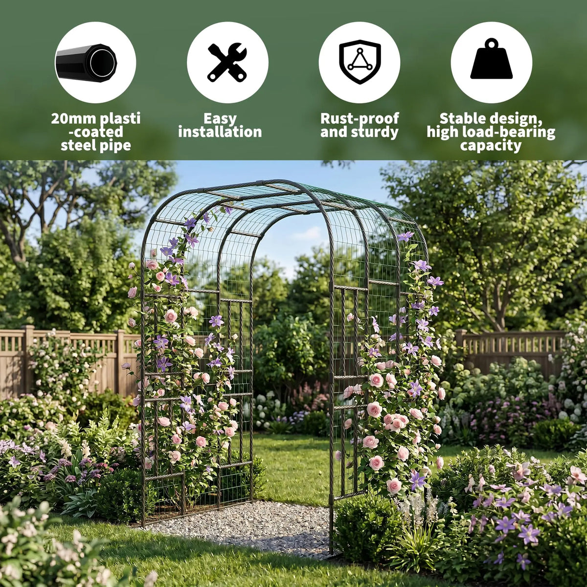 DisherKooker Extra Tall 7.3FT Garden Arch Trellis, PE-Coated Steel Plant Arbor For Cucumbers, Beans, Roses, Outdoor Patio Decor Arbor