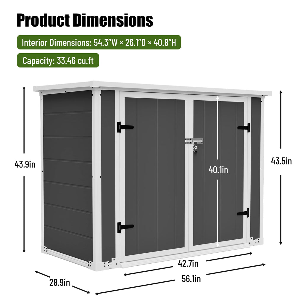 Gihauvia 56×29×44in Gray Resin Outdoor Storage Shed with Lockable Double Doors Waterproof All Weather Utility Cabinet for Garden Tools Trash Cans Backyard Patio