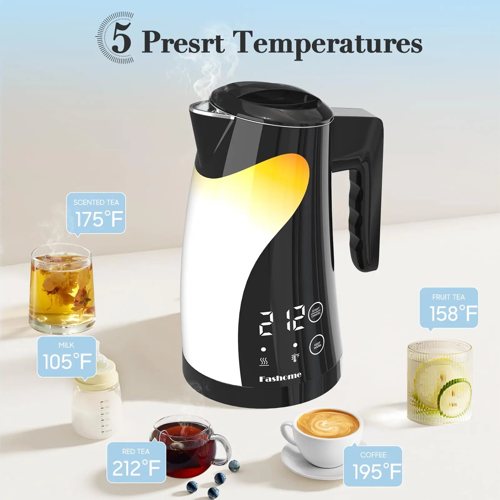 1200W Temperature Control Electric Kettle, 1.25L Stainless Steel Electric Teapot, 2 Hour Keep Warm, Automatic Shut Off, Boil-Dry Protection, Digital LED Display, Fast Boiling Tea Kettle & Hot Water Boiler