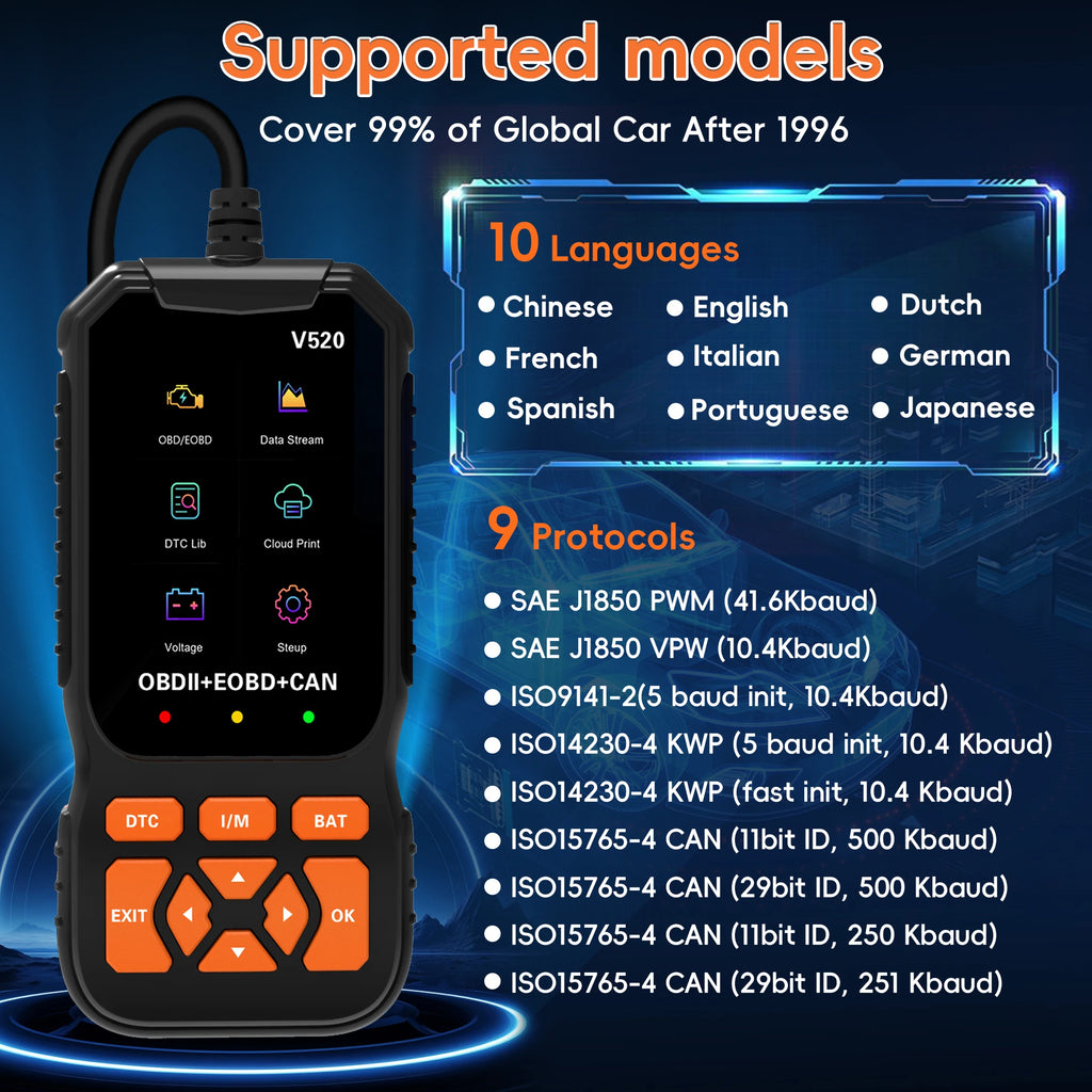 V520 OBD2 Scanner Diagnostic Tool Code Reader for All OBDII Cars | Read & Clear Engine Codes, Live Data Stream, Battery Test, I/M Readiness, O2/EVAP Test, OBDII/EOBD
