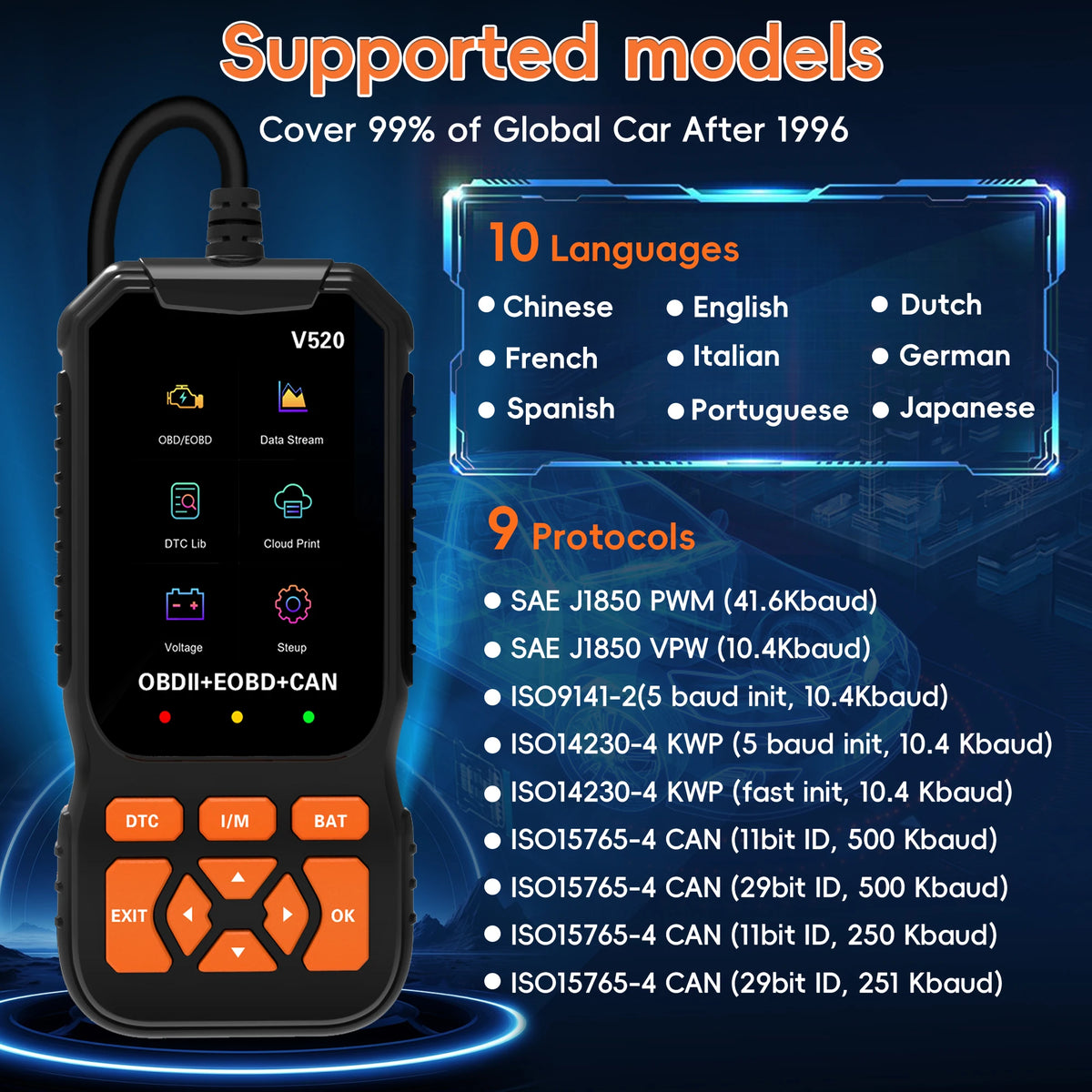 V520 OBD2 Scanner Diagnostic Tool Code Reader for All OBDII Cars | Read & Clear Engine Codes, Live Data Stream, Battery Test, I/M Readiness, O2/EVAP Test, OBDII/EOBD