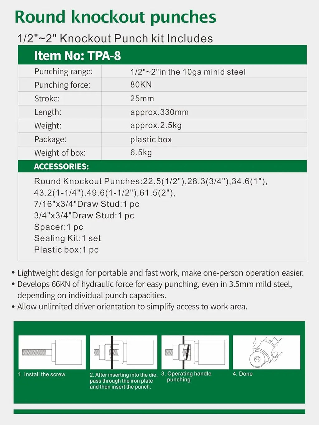 Hydraulic Knockout Punch Kit, 6 Die Sets for 1/2 to 2 Inch Conduit
