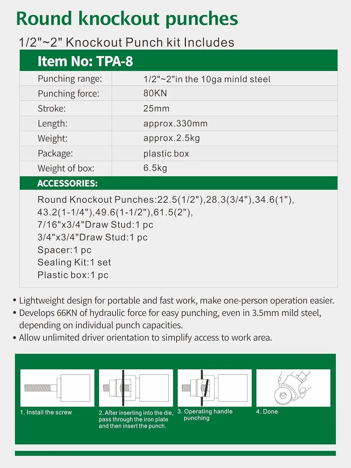 Hydraulic Knockout Punch Kit, 6 Die Sets for 1/2 to 2 Inch Conduit