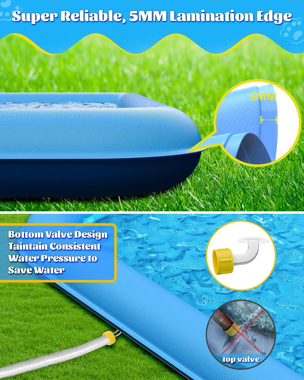 Raxurt Kiddie Sprinkler Pool PVC Material Large Size Non-Slip With Sprinkler Summer Blue