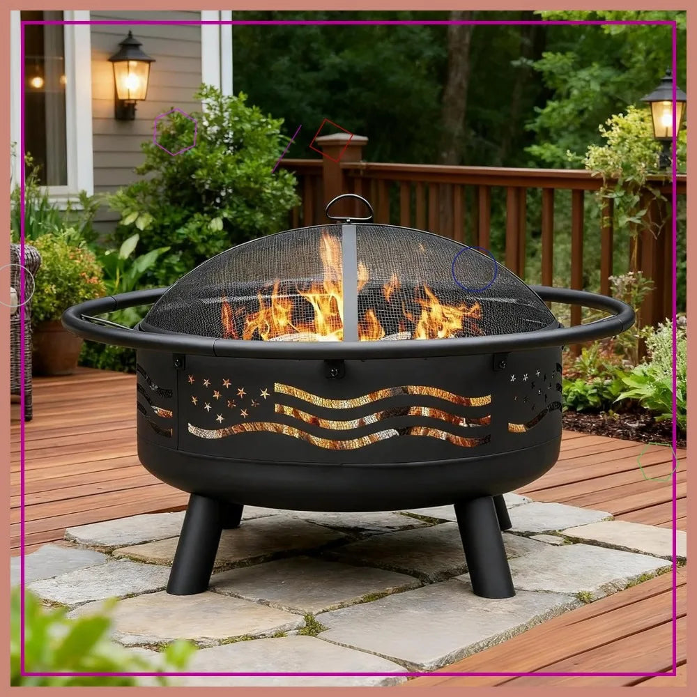 32 Inch American Flag Fire Pit, Firepit with Mesh Cover & Poker, Outdoor Metal Wood Burning Firepit, Firepit for Patio Garden Backyard
