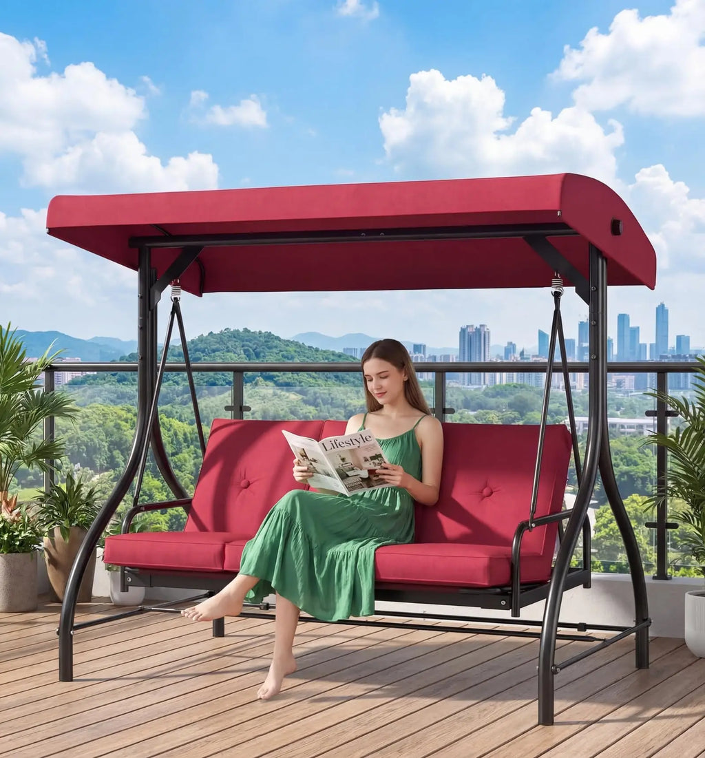 3-Seat Patio Swing with Adjustable Canopy & Backrest, Outdoor Porch Swing That Converts to Bed W/Thickened Removable Cushions & Up to 750LBS Capacity, For Porch, Backyard, Courtyard, Garden, Patio, Balcony, Poolside
