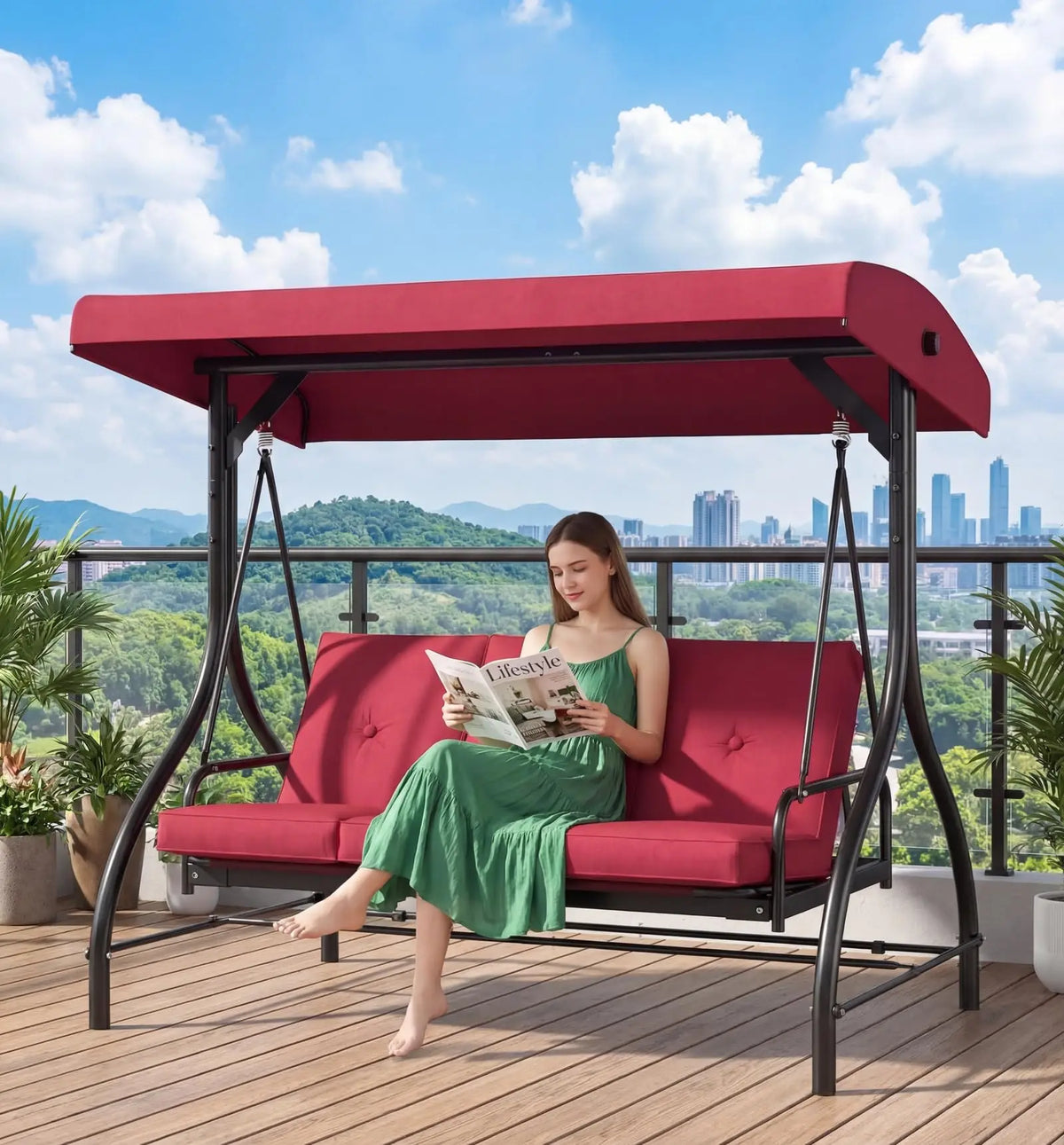 3-Seat Patio Swing with Adjustable Canopy & Backrest, Outdoor Porch Swing That Converts to Bed W/Thickened Removable Cushions & Up to 750LBS Capacity, For Porch, Backyard, Courtyard, Garden, Patio, Balcony, Poolside