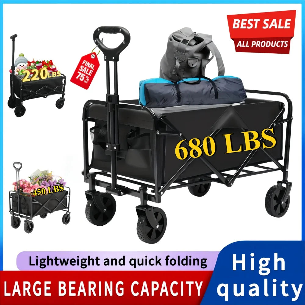 High-Capacity Heavy-Duty All-Terrain Folding Cart - Stainless Steel Frame and Foldable Multi-Purpose Wagon,