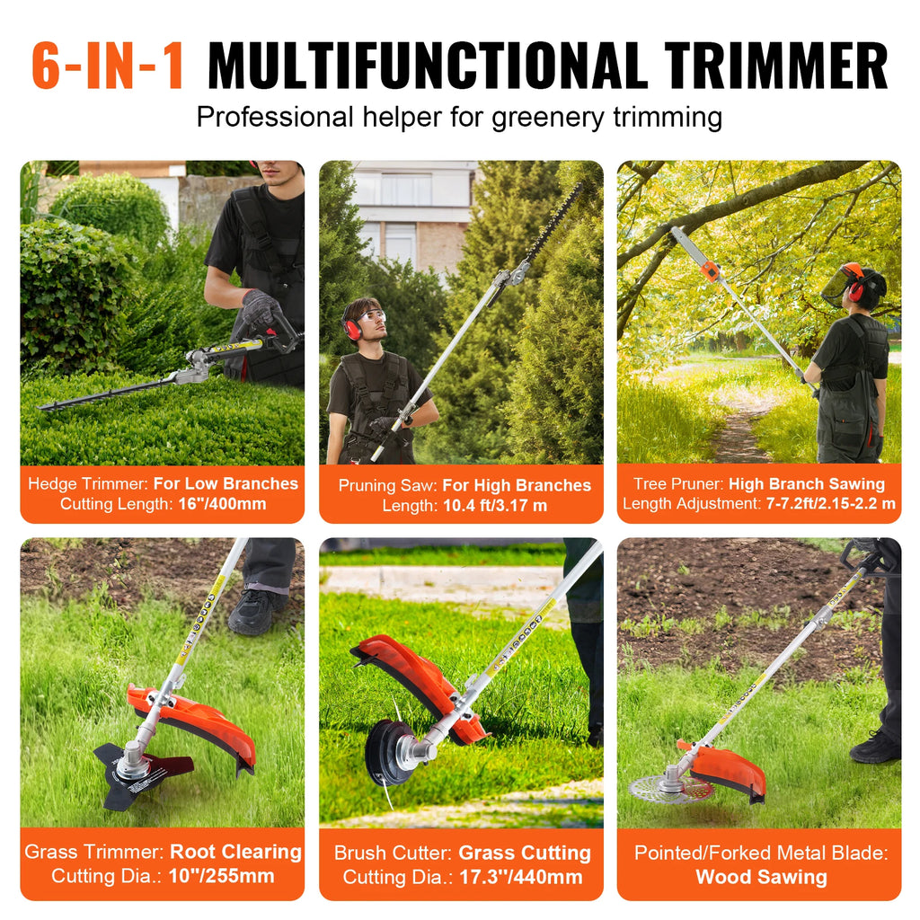 5-in-1 Multi-Functional Trimming Tools, 26cc Gas, Hedge Trimmer, String Trimmer, Edger Pole Saw, Chainsaw, Pruner