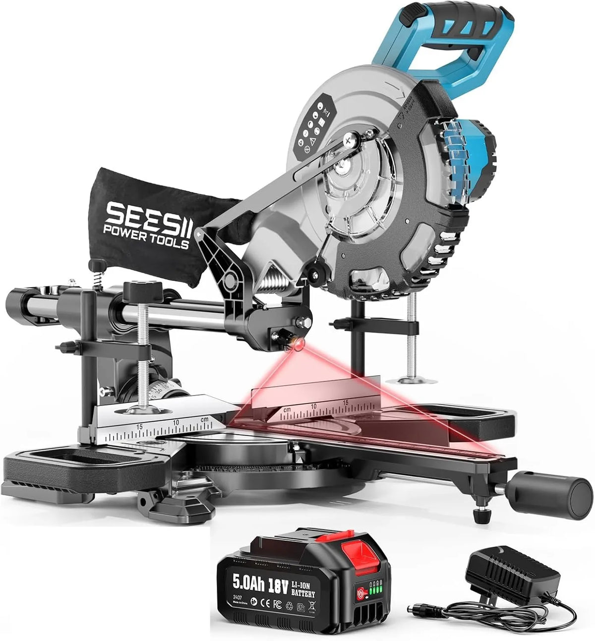 SEESII 8-Inch Sliding Compound Miter Saw Cordless Power Miter Saw with Laser Guide 2 pcs 5000 mAh Batteries Single Bevel 45° 24T TCT Blade Max Cut 2.5×12-inch Ideal for DIY & Woodworking