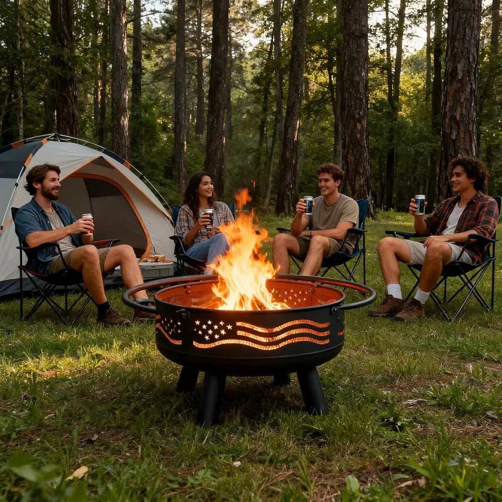 32 Inch American Flag Fire Pit, Firepit with Mesh Cover & Poker, Outdoor Metal Wood Burning Firepit, Firepit for Patio Garden Backyard