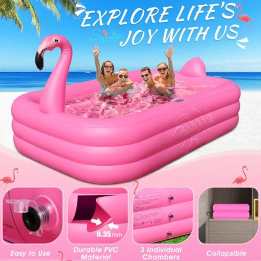 Inflatable Pool with Lights Solar Flamingo Swimming Pool for Backyard Outdoor Use Durable Thickened PVC Bright Pink 100X63X20