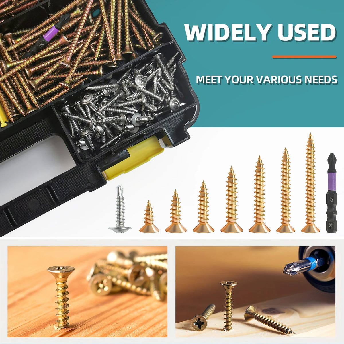 1350pcs Carbon Steel Phillips Wood Screws Assortment Kit, Flat-Head And Phillips Designs, Common Sizes M3.5/M4/M5/#8, Heavy Duty Self-Tapping Fasteners with Anti-Slip Matching Wrench, Sturdy Double Layer Storage Box, Hardware