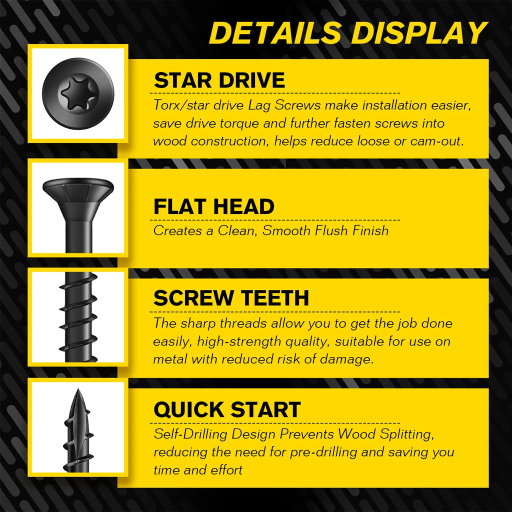 VKKM 250Pcs Black Wood Screws #8x1.5", T25 Star Drive Self Tapping with 50mm Free Bit, Heavy Duty Anti-Rust for Deck Furniture Woodworking DIY