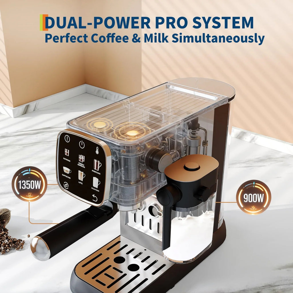 Acekool Espresso Machine 20 Bar, Compact Espresso Maker with Steam Milk Frother, Touchscreen Stainless Steel Coffee Machine with 45oz Removable Water Tank, Adjustable Temperature