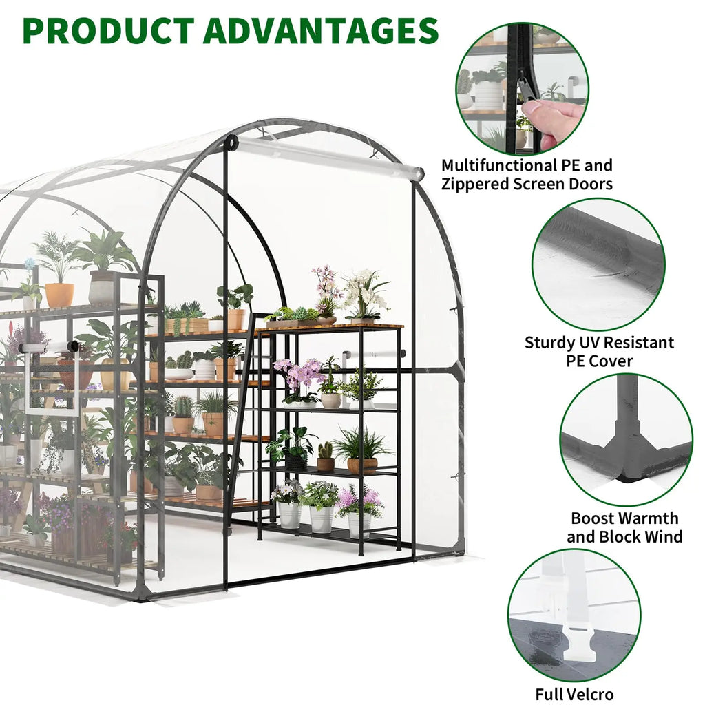 HiMiss 8.2x6.6x6.6 FT Walk-In Greenhouse For Outdoors, Heavy Duty Portable Hoop House With Watering System, Screen Windows