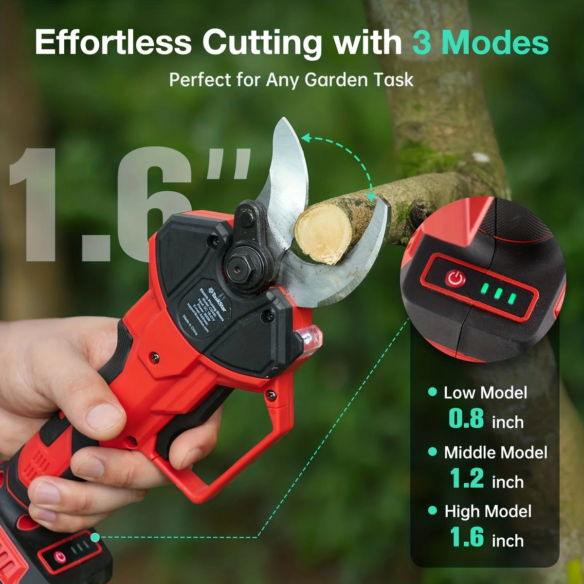 TaskStar Cordless Pruning Shears with SK5 Blade 40MM Electric Shears 3 Adjustable Modes 2 x 2000mAh or 2 x 4000mAh Rechargeable Batteries Powered Trimmer for Cutting Tree Branches