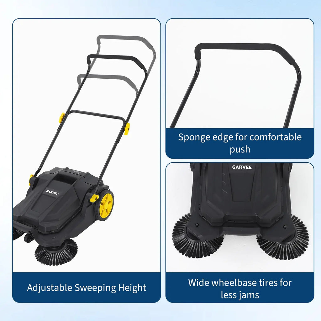 HiMiss 25.6" Manual Push Floor Sweeper, Walk-Behind Sweeper With 5-Gallon Bin, Adjustable Foldable Handle For Garage Patio Driveway