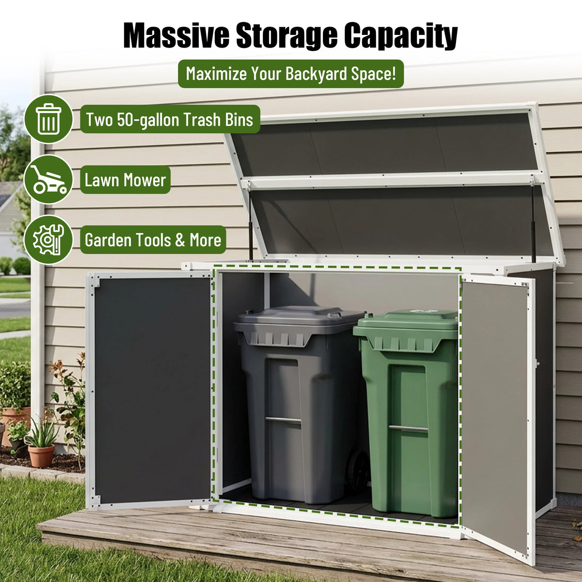 Gihauvia 56×29×44in Gray Resin Outdoor Storage Shed with Lockable Double Doors Waterproof All Weather Utility Cabinet for Garden Tools Trash Cans Backyard Patio