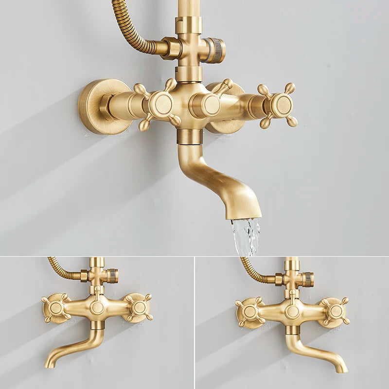 Antique Brass Shower Faucet Set, Rainfall Head Shower, Handheld Shower