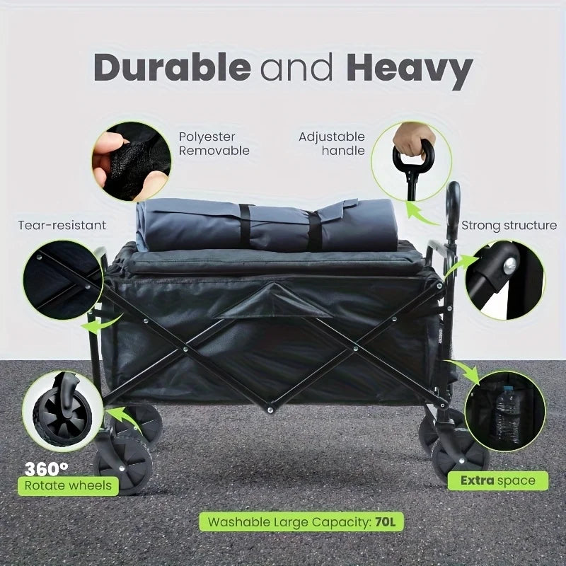 High-Capacity Heavy-Duty All-Terrain Folding Cart - Stainless Steel Frame and Foldable Multi-Purpose Wagon,