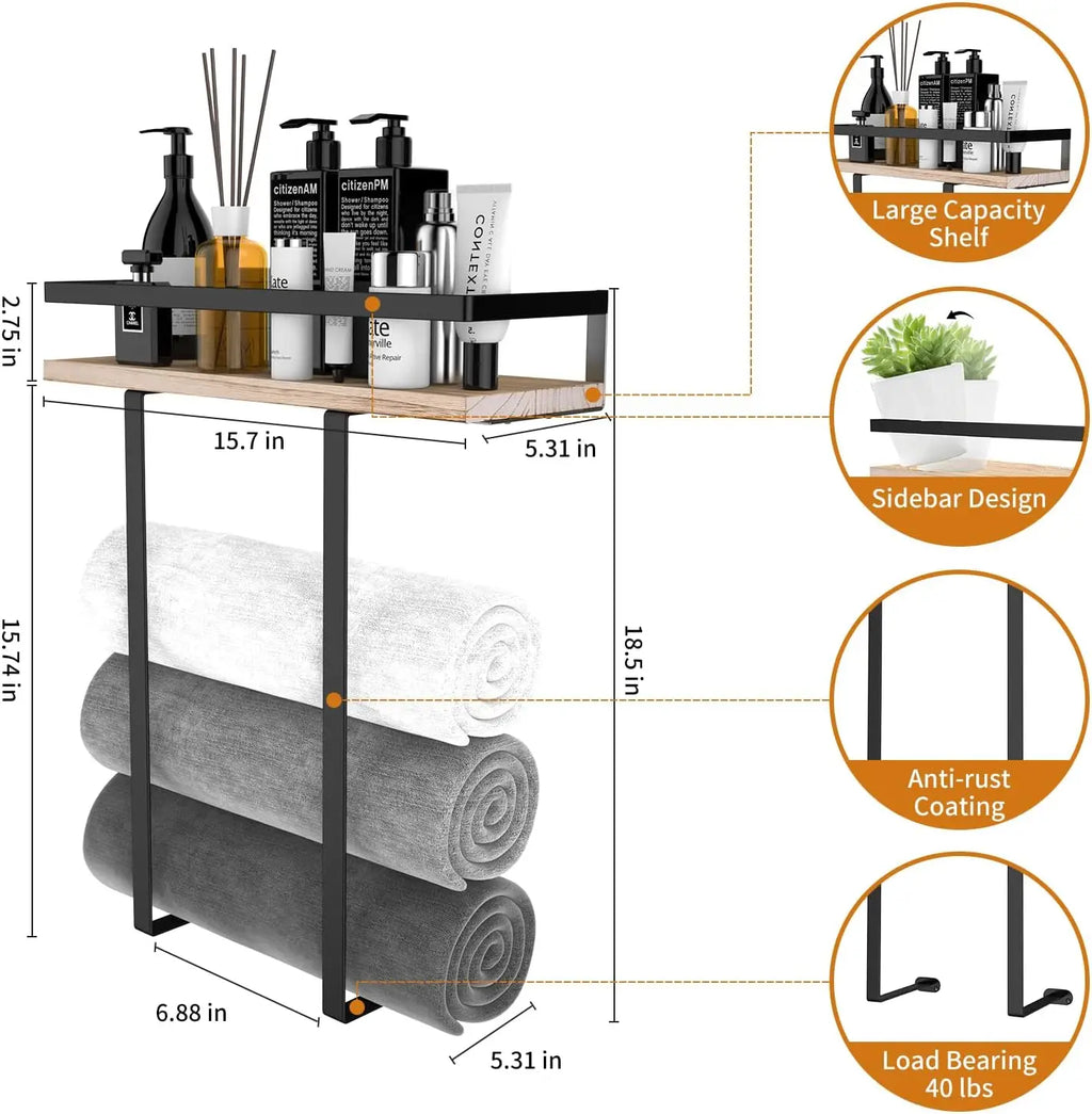 Towel Racks for Bathroom Wall Mounted, Metal Towel Holder with Wooden Shelf for Folding Large Towels, Towel Storage for Small Ba