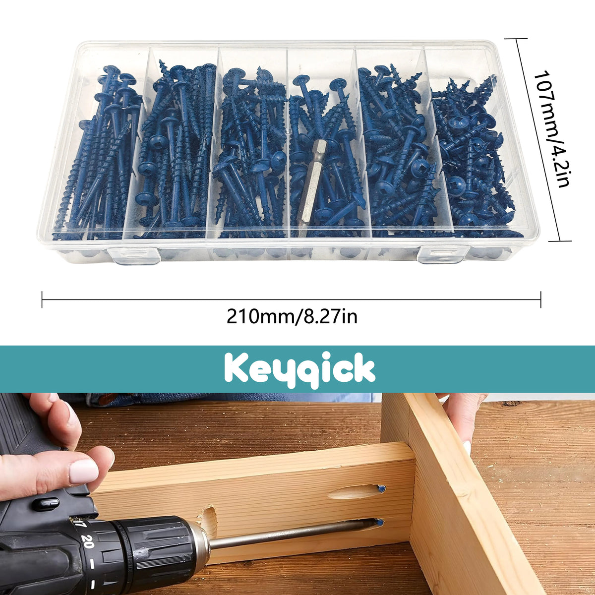 Keyqick 225pcs Square Hole Screw Combination, 5 Sizes, #8 Pocket Screw, Blue Anti Rust Coated Pocket Hole Screw, Used for External, Square Drive, Including Drive Head, Multifunctional Durable Wood Screws, Suitable for Home/In