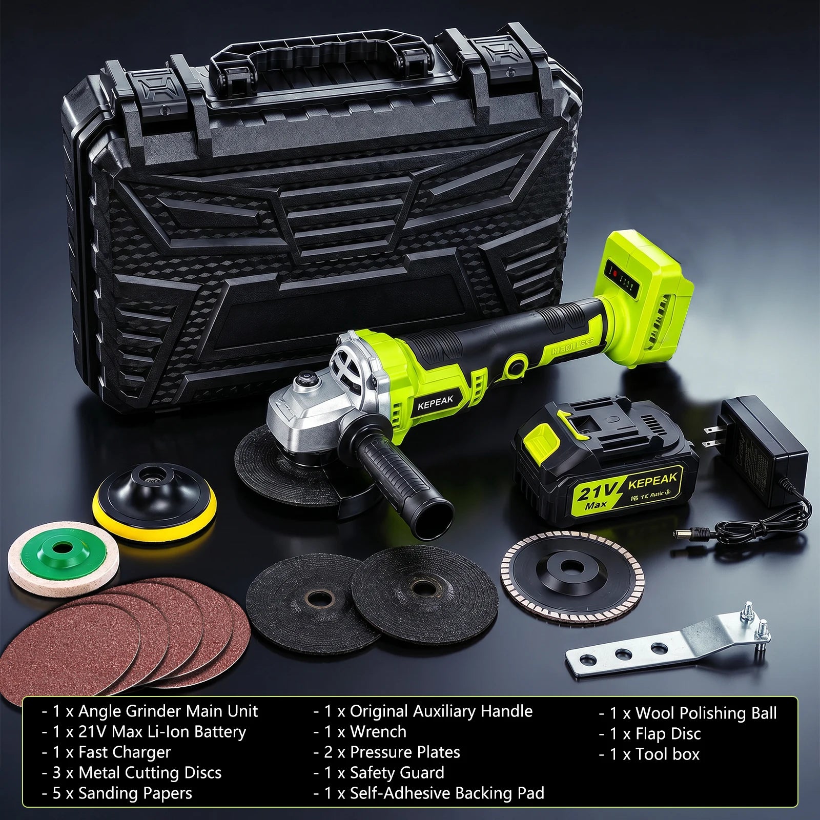 21V Cordless Brushless Angle Grinder 3 Speed 10000RPM Portable Cutting Grinding Polishing Machine With 21V Lithium Battery Fast Charger Hard Storage Box Complete Grinding Discs Set For Metal Wood Stone