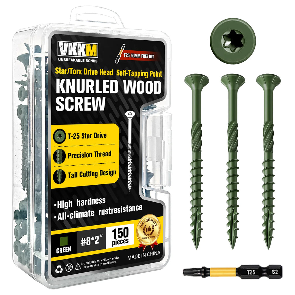 VKKM 150Pcs #8x2" Green Wood Screws Kit, T25 Star Drive Self-Tapping with 50mm Free Bit, All-Climate Anti-Rust – Great for Indoor & Outdoor Projects (Shelves, Framing, Repairs)