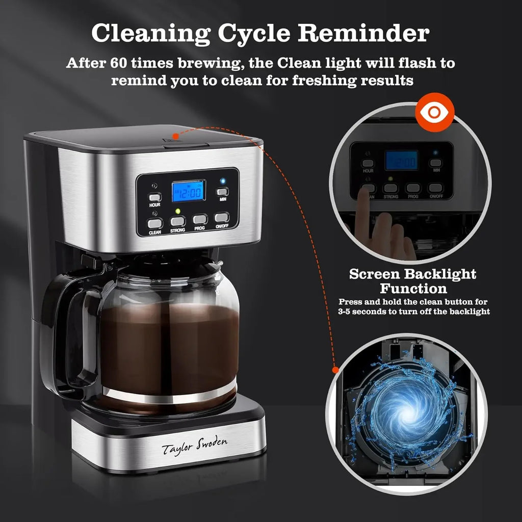 12-Cup Programmable Coffee Maker, Regular & Strong Brew Drip Coffee Machine for Home and Office, Glass Carafe, Pause & Serve, Au