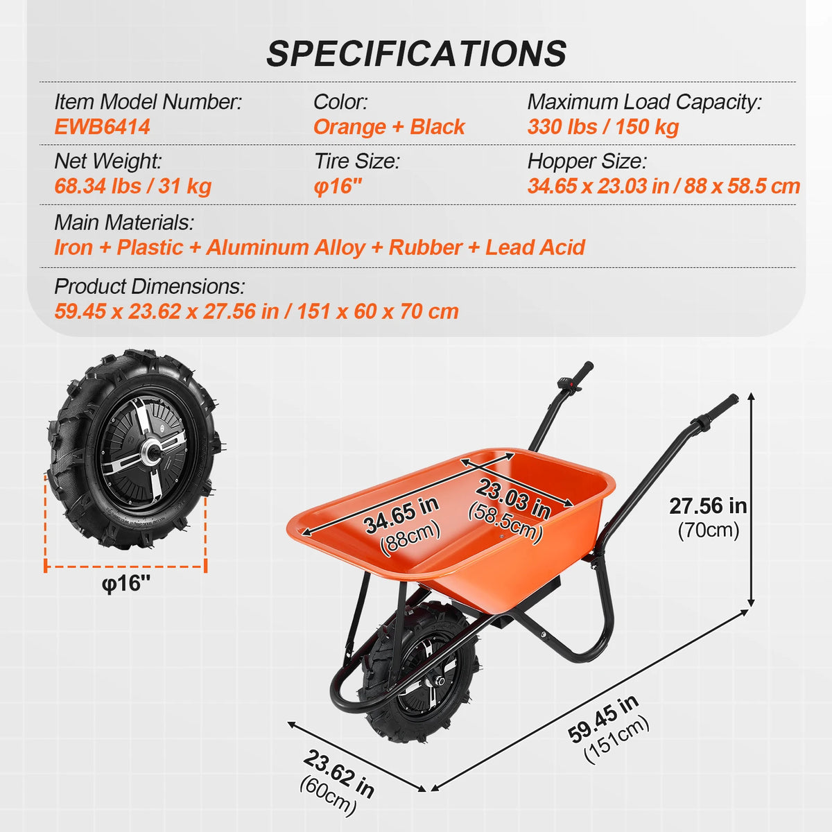 SucceBuy Electric Wheelbarrow Cart Utility Garden Wagon Dump Cart with Metal Handle & 16" Track Wheel One Wheel Barrow Yard Cart. 5 & 7 Cu. Ft.