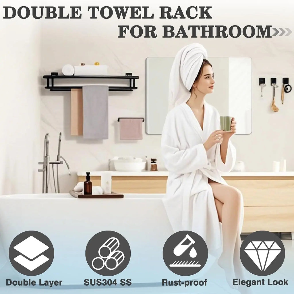 Alise Double Towel Rack for Bathroom Wall Mounted,24 Inch Bathroom Tower Holder Black Towel Rack with Double Towel Bars, Stainless Steel Towel Bar Towel Rack with Shelf, Matte Black